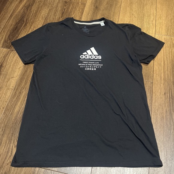 RARE adidas Go-To Performance Black Tee 3 languages women's size M   AB - Picture 1 of 4